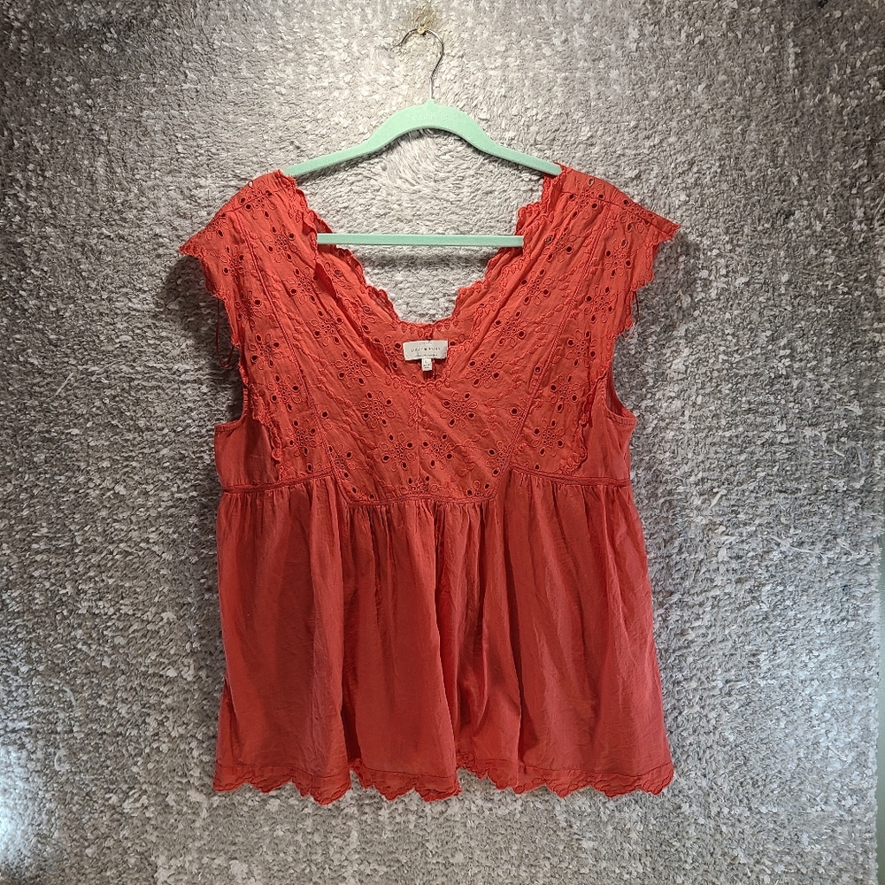 Lucky Brand Eyelet Peasant Poppyrage Cut Out V Neck Scallop Edge Top L Cotton